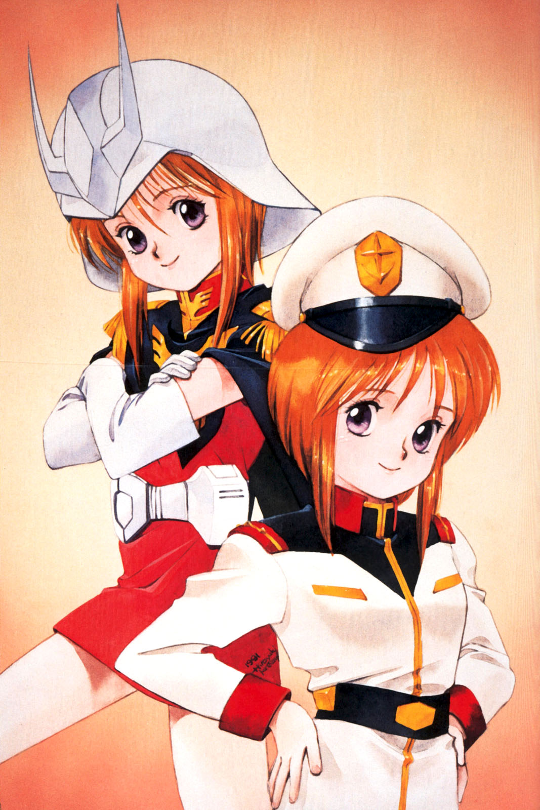 kitazume hiroyuki, char aznable, elpeo puru, matilda ajan, puru two, gundam, gundam zz, mobile suit gundam, 1980s (style), highres, 1970s (style), 1990s (style), 1991, 2girls, artist name, char aznable (cosplay), cosplay, gradient background, hat, helmet, matilda ajan (cosplay), multiple girls, oldschool, orange hair, purple eyes, retro artstyle, short hair