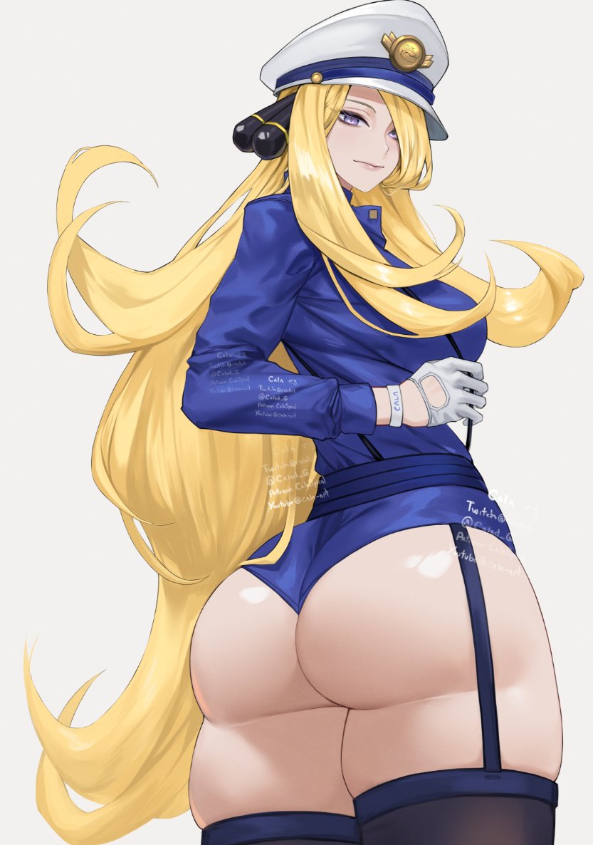 gabriel carrasquillo, cynthia (pokemon), nintendo, pokemon, pokemon dppt, commentary, english commentary, 1girl, artist name, ass, blonde hair, blue garter straps, blue jacket, blue shorts, blue thighhighs, breasts, from behind, gloves, grey eyes, hair ornament, hair over one eye, half gloves, hat, jacket, large breasts, long hair, looking at viewer, peaked cap, short shorts, shorts, simple background, skindentation, solo, thick thighs, thighhighs, thighs, very long hair, white background, white gloves, white hat, wrist straps