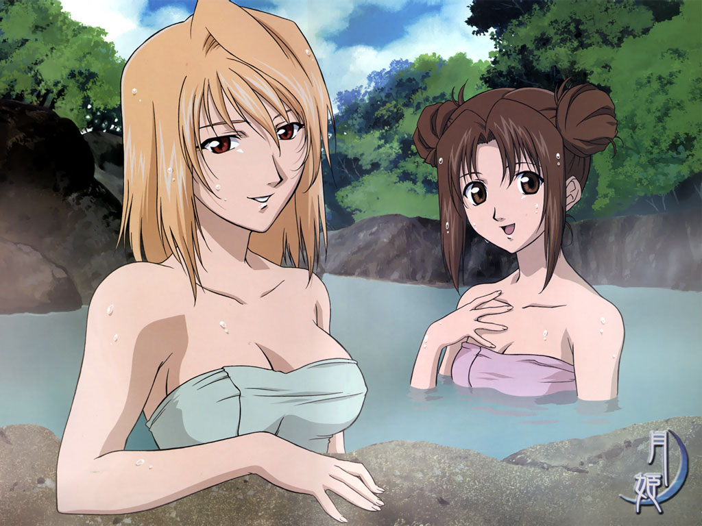 arcueid brunestud, yumizuka satsuki, tsukihime, 00s, 2girls, :d, bathing, blonde hair, blush, breasts, brown hair, cleavage, collarbone, day, double bun, forest, long hair, looking at viewer, medium breasts, multiple girls, nature, onsen, open mouth, outdoors, partially submerged, plant, small breasts, smile, steam, tree, water