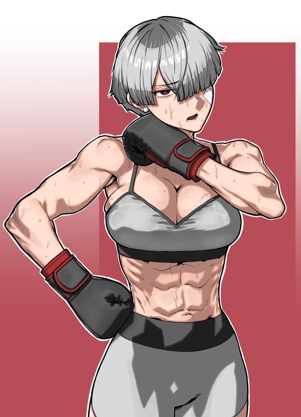 rggr, original, highres, 1girl, abs, bandaid, bandaid on ear, bandaid on face, boxer, boxing gloves, boxing shorts, breasts, cleavage, grey hair, grey shorts, grey sports bra, hair over one eye, hand on own hip, large breasts, looking at viewer, muscular, muscular female, navel, open mouth, red eyes, short hair, shorts, skindentation, solo, sports bra, sweat, unno nazuna (rggr), wiping sweat