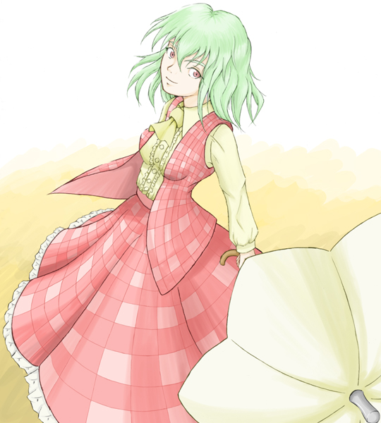 chikage (artist), chikage (chika-chiko), kazami yuuka, touhou, 1girl, ascot, breasts, female focus, green hair, impossible clothes, light smile, medium breasts, parasol, plaid clothes, plaid skirt, plaid vest, red eyes, short hair, skirt, skirt set, solo, umbrella, vest