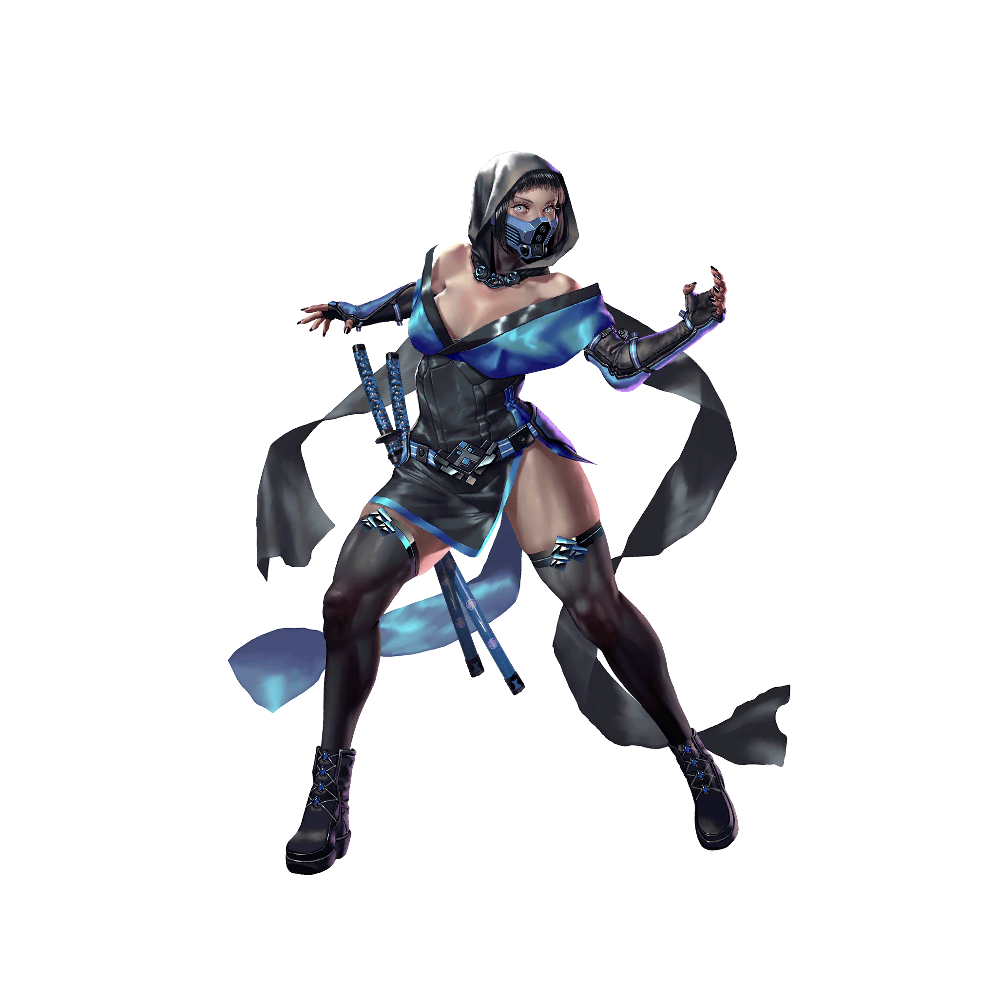 crystal maiden (series), artist request, game cg, highres, official art, variant set, 1girl, bare shoulders, belt, black hair, black nails, blue eyes, boots, breasts, cleavage, covered mouth, frost (crystal maidens), full body, hood, hood up, scabbard, sheath, solo, sword, transparent background, weapon