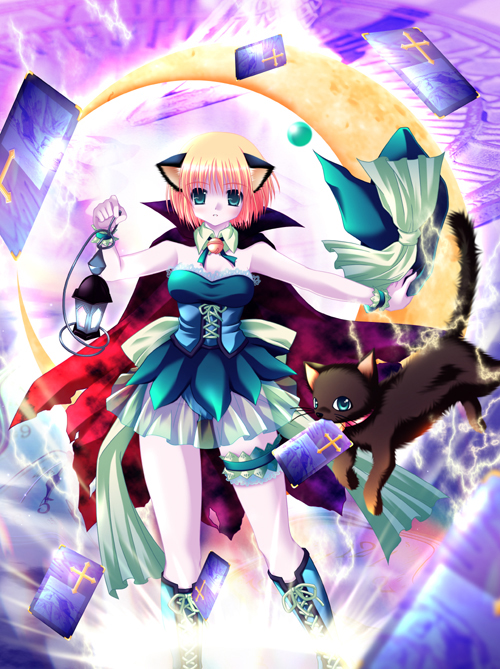 animal ears, boots, cape, cat, cat ears, corset, dress, frilled thigh strap, green eyes, lantern, lingerie, moon, pantyhose, red hair, short hair, solo, thigh strap, underwear