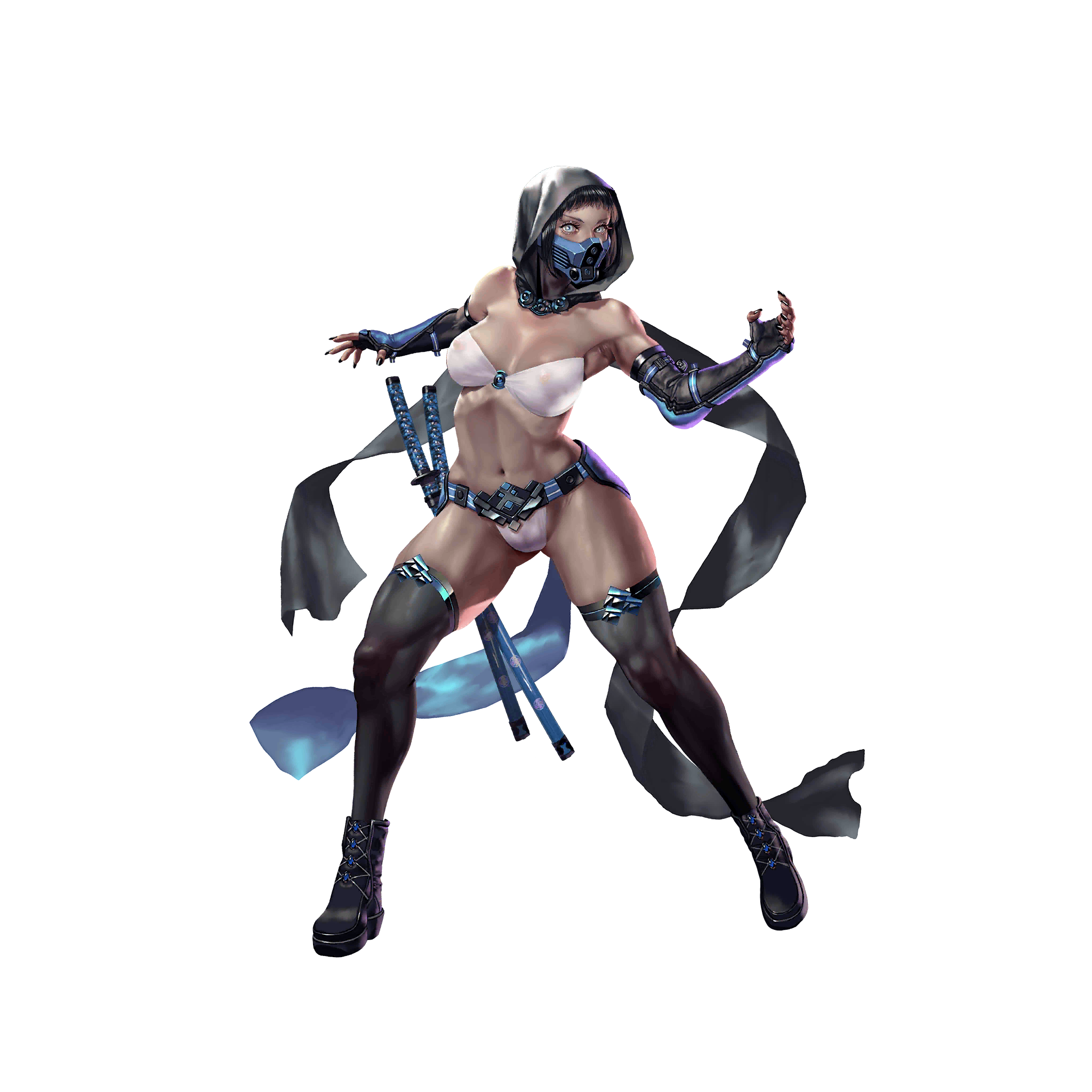 crystal maiden (series), covered pussy, artist request, game cg, highres, official art, variant set, 1girl, bare shoulders, belt, black hair, black nails, blue eyes, boots, bra, breasts, cleavage, covered erect nipples, covered mouth, frost (crystal maidens), full body, groin, hood, hood up, navel, panties, scabbard, sheath, solo, sword, transparent background, underwear, weapon, white bra, white panties
