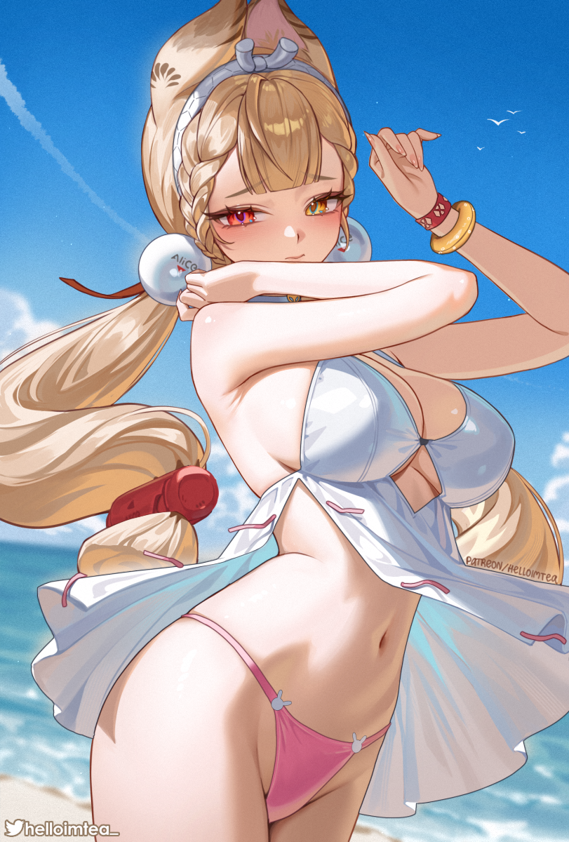 helloimtea, alice thymefield, zenless zone zero, commentary, english commentary, highres, paid reward available, 1girl, animal ears, armpit crease, artist name, bare shoulders, blonde hair, blue sky, blush, bracelet, breasts, closed mouth, cowboy shot, day, dress, fingernails, groin, hairband, hands up, heterochromia, jewelry, long fingernails, long hair, looking at viewer, low twintails, medium breasts, navel, ocean, outdoors, panties, pink panties, rabbit ears, rabbit girl, red eyes, sky, solo, sphere hair ornament, stomach, thighs, twintails, underwear, white dress, white hairband, wind, yellow eyes