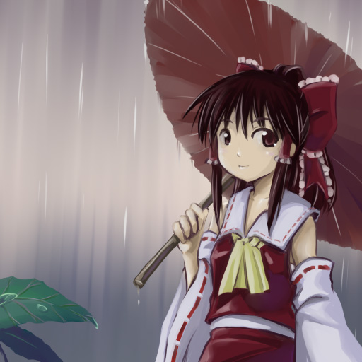 kazuhane, hakurei reimu, touhou, 1girl, female focus, oil-paper umbrella, rain, solo, umbrella