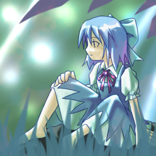 kazuhane, cirno, touhou, 1girl, blue bow, blue dress, blue hair, bow, dress, feet, female focus, frills, glowing, grass, hand on own knee, leaf, profile, red bow, sitting, solo