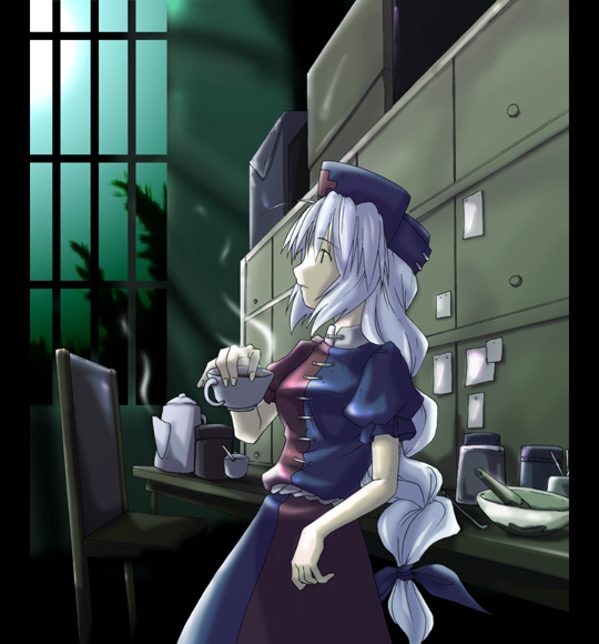 kazuhane, yagokoro eirin, touhou, silver hair, 1girl, blue eyes, braid, cigarette, cross, dress, female focus, from side, hat, long hair, mouth hold, multicolored dress, nurse cap, profile, puffy short sleeves, puffy sleeves, short sleeves, single braid, smile, smoking, solo, very long hair