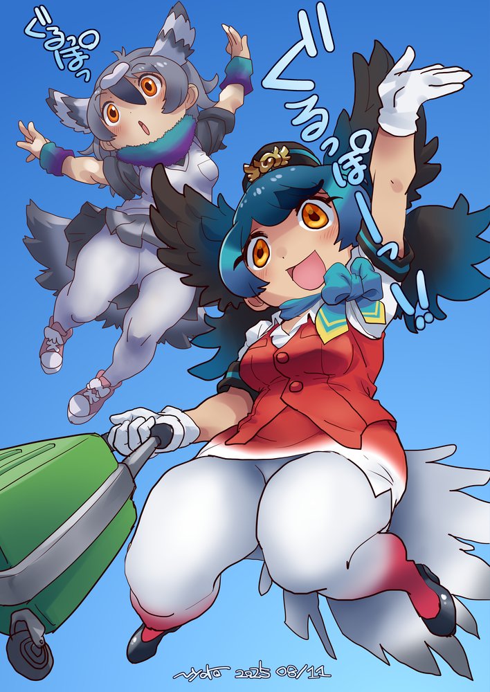 nyororiso (muyaa), passenger pigeon (kemono friends), rock dove (kemono friends), kemono friends, 2girls, bird girl, bird tail, bird wings, blue hair, blue sky, cardigan, feathered wings, gloves, grey hair, hat, head wings, long hair, multiple girls, orange eyes, pantyhose, red eyes, scarf, shirt, shoes, skirt, sky, suitcase, tail, vest, wings, wristband