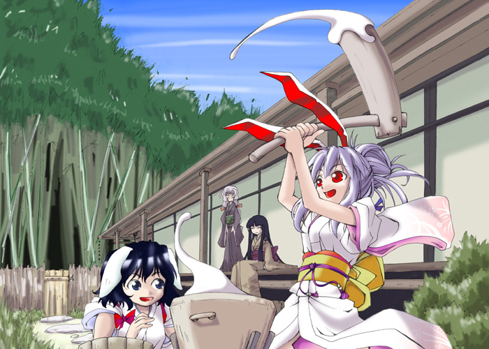 kazuhane, houraisan kaguya, inaba tewi, reisen udongein inaba, yagokoro eirin, touhou, 4girls, animal ears, female focus, food, japanese clothes, mallet, mochi, mochitsuki, multiple girls, rabbit ears, wagashi