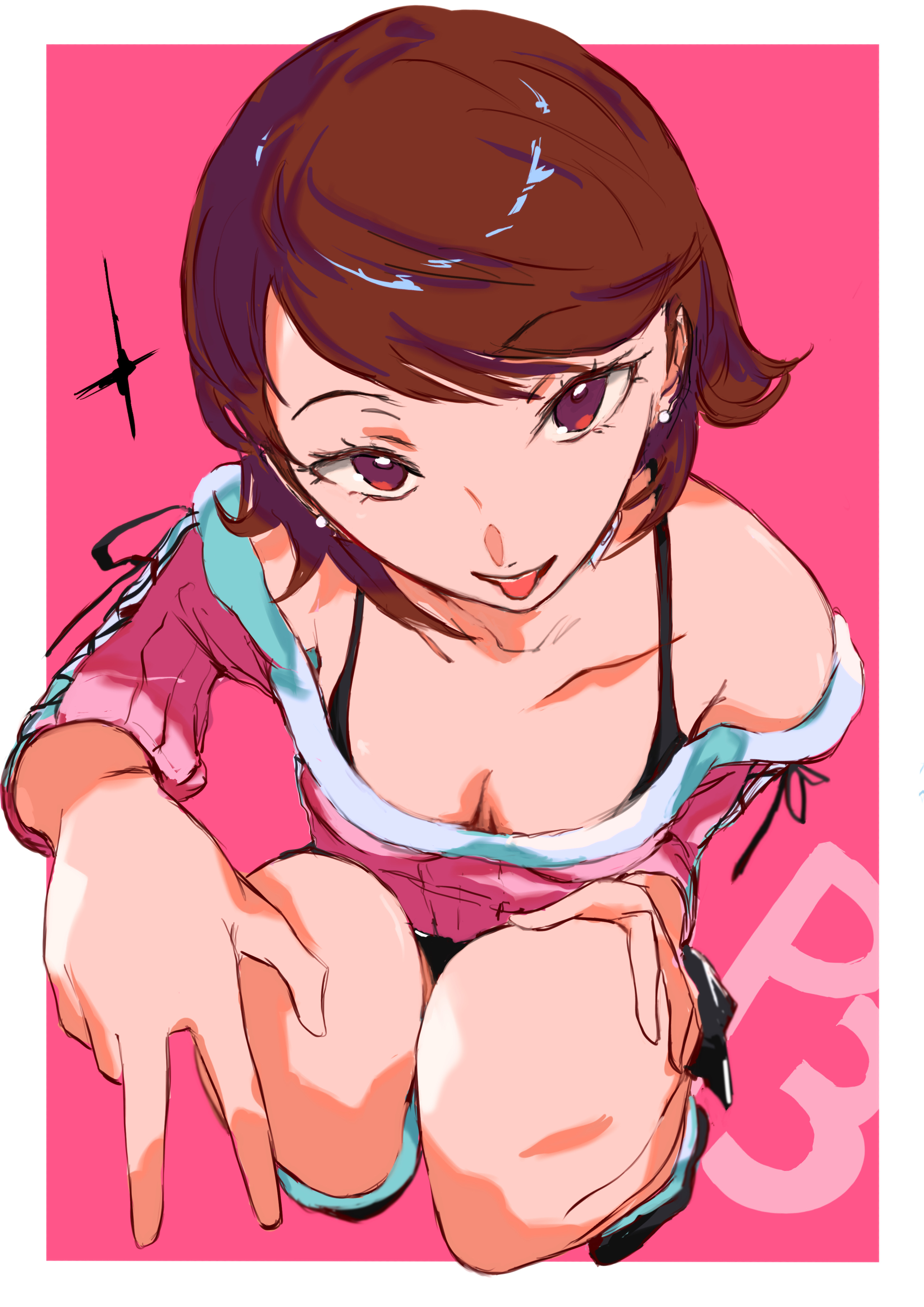 pekeponn, takeba yukari, persona, persona 3, absurdres, commentary, highres, 1girl, bare shoulders, black skirt, bra strap, breasts, brown eyes, brown hair, choker, cleavage, collarbone, cross-laced clothes, cross-laced sleeves, cross-laced sweater, earrings, full body, fur-trimmed sweater, fur trim, halterneck, hand on own thigh, heart, heart choker, jewelry, long sleeves, looking at viewer, miniskirt, off-shoulder sweater, off shoulder, official alternate costume, outside border, pearl earrings, pink background, pink sweater, ribbed sweater, short hair, skirt, small breasts, solo, sparkle, squatting, stud earrings, sweater, tongue, tongue out, v, white background, white choker