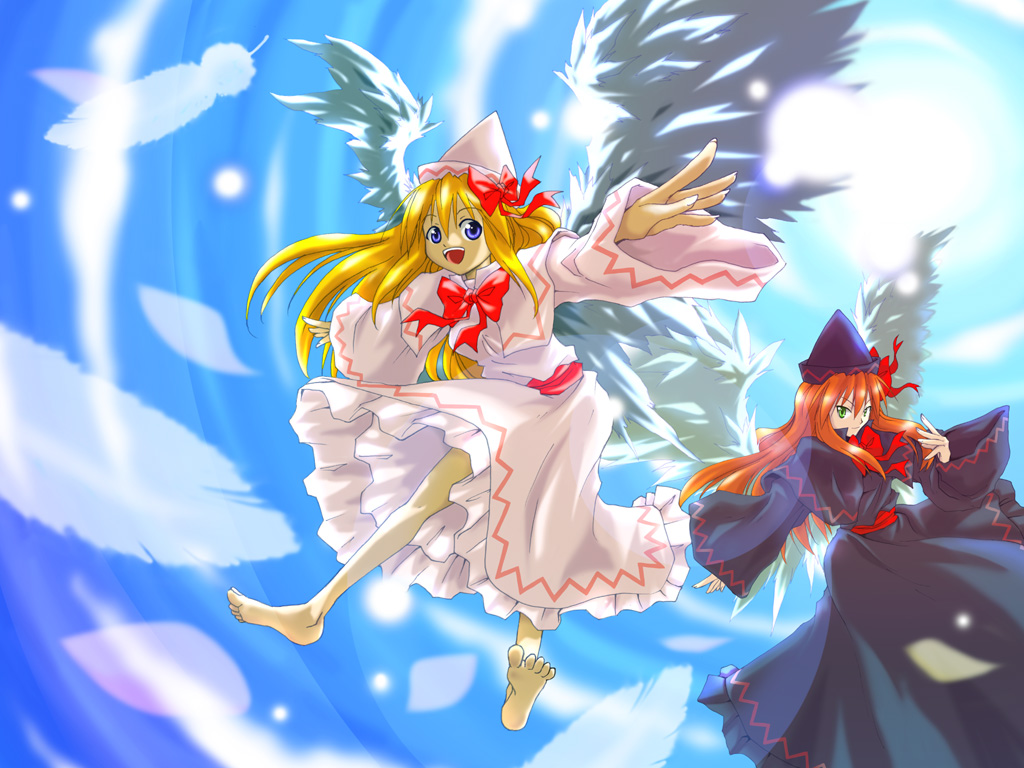 kazuha (ichiwa), kazuhane, lily black, lily white, touhou, 2girls, barefoot, dress, female focus, hat, multiple girls, outdoors, sky, wings