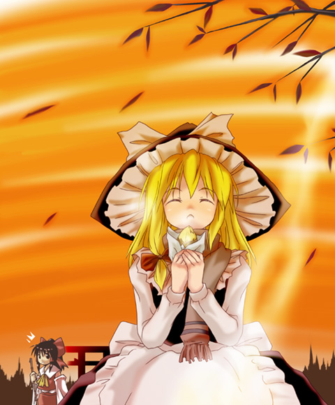 kazuhane, hakurei reimu, kirisame marisa, perfect cherry blossom, touhou, eyebrows, 2girls, :o, ^^^, ^ ^, apron, ascot, autumn, black eyes, black hair, black hat, black skirt, black vest, blonde hair, bow, broom, closed eyes, detached sleeves, female focus, food, frilled apron, frills, hair bow, hair tubes, hat, hat bow, holding, holding broom, holding food, leaf, long hair, looking at another, multiple girls, orange sky, ponytail, red bow, red skirt, scarf, shirt, skirt, skirt set, sky, smoke, sweet potato, torii, vest, waist apron, white apron, white bow, white shirt, witch hat