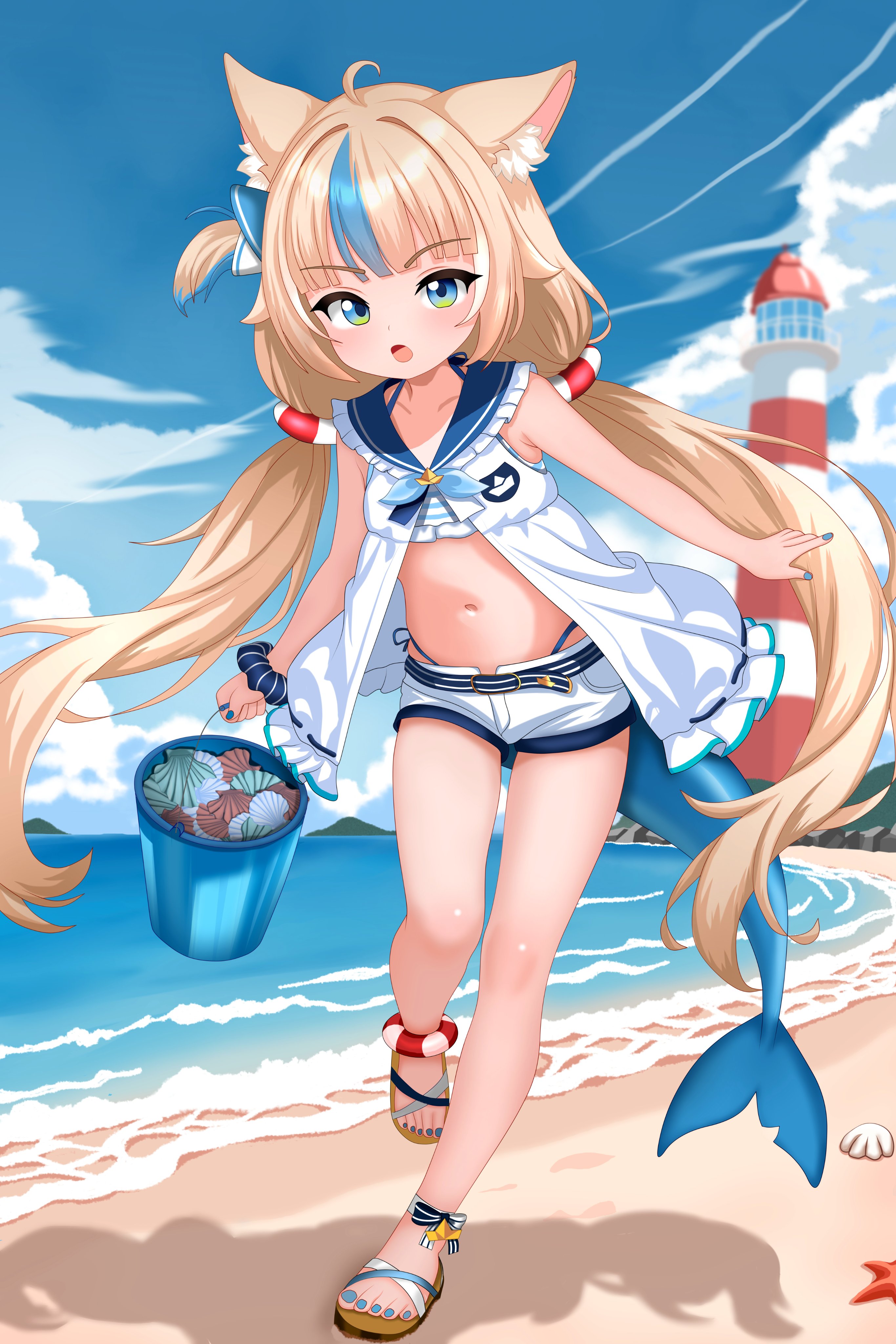 furfik, sameko saba, indie virtual youtuber, absurdres, highres, 1girl, animal ear fluff, animal ears, armpit crease, beach, belt, bikini, bikini under clothes, blonde hair, blue eyes, bucket, cat ears, cloud, dress, feet, fins, fish tail, lifebuoy hair ornament, lighthouse, long hair, low twintails, multicolored hair, nail polish, navel, ocean, open clothes, open dress, open mouth, outdoors, sandals, seashell, shell, short shorts, shorts, side-tie bikini bottom, sky, sleeveless, sleeveless dress, solo, stomach, streaked hair, striped bikini, striped clothes, swimsuit, tail, twintails, virtual youtuber, walking, white dress, white shorts