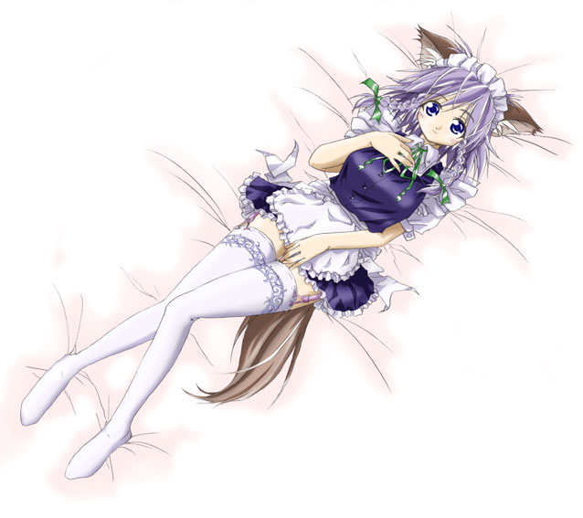 kazuhane, inu sakuya (nejikirio), izayoi sakuya, touhou, silver hair, 1girl, animal ears, braid, dog ears, dog tail, female focus, kemonomimi mode, short hair, solo, tail, thighhighs, twin braids, white thighhighs