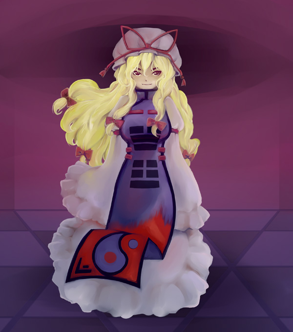 kazuhane, yakumo yukari, touhou, 1girl, blonde hair, bow, closed mouth, dress, female focus, full body, hair bow, hat, hat ribbon, long hair, long sleeves, looking at viewer, mob cap, multiple hair bows, puffy long sleeves, puffy sleeves, red eyes, red ribbon, ribbon, sidelocks, solo, standing, tabard