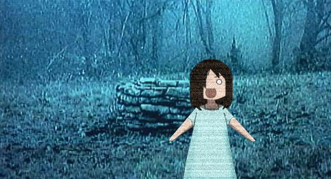 kasuga ayumu, yamamura sadako, azumanga daiou, the ring, lowres, 1girl, black hair, blue dress, crazy eyes, dress, female focus, field, grass, looking at viewer, o o, open mouth, outstretched arms, parody, plant, short hair, solo, well