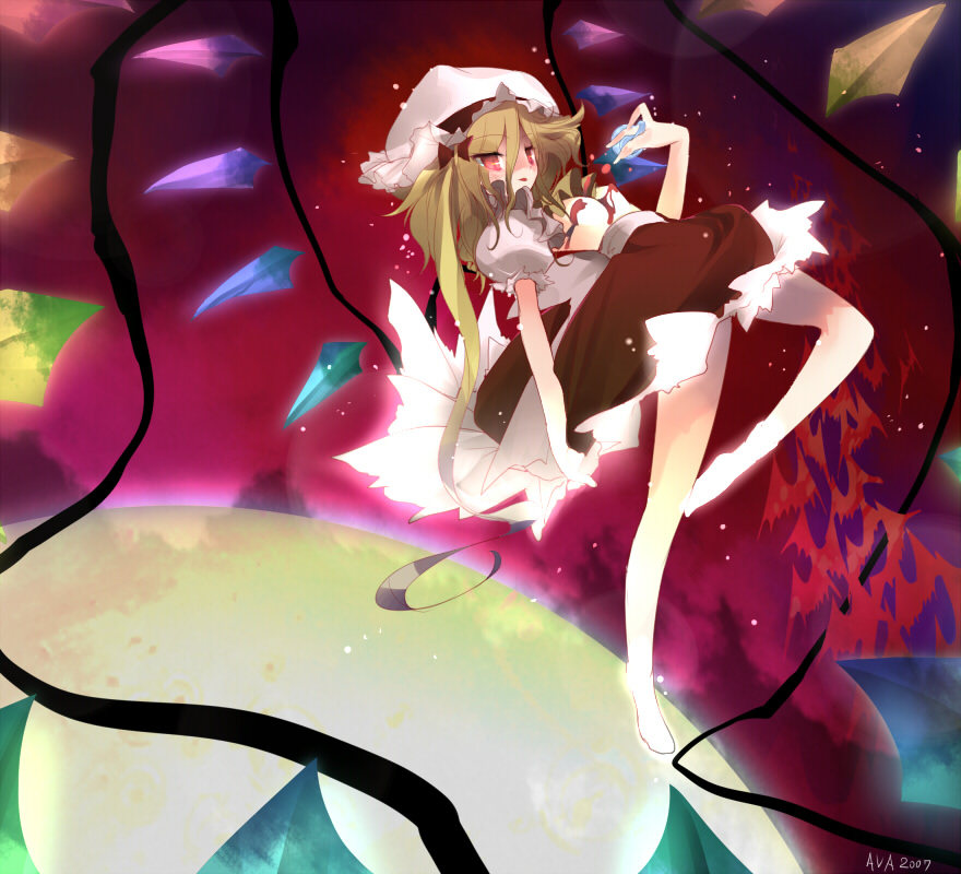 mugen dai, flandre scarlet, remilia scarlet, touhou, 1girl, bare legs, blonde hair, crystal, demon wings, dress, female focus, frills, hat, looking at viewer, mob cap, puffy short sleeves, puffy sleeves, rainbow order, red dress, red eyes, short hair, short sleeves, side ponytail, solo, wings