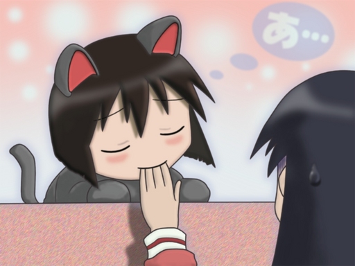kamineko, kaori (azumanga daioh), sakaki (azumanga daioh), azumanga daiou, 2girls, a (phrase), animal ears, blush, bob cut, cat ears, cat tail, closed eyes, cosplay, kamineko (cosplay), multiple girls, school uniform, serafuku, short hair, speech bubble, sweatdrop, tail, thought bubble, yuri