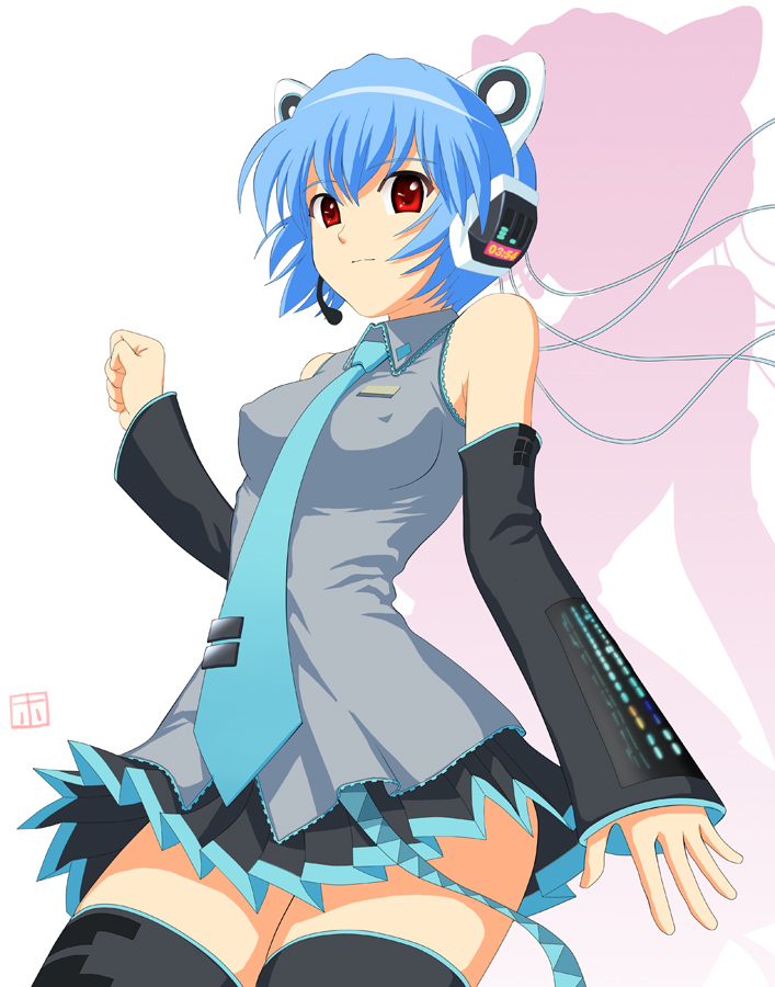 homunculus (alchemynote), ayanami rei, hatsune miku, neon genesis evangelion, vocaloid, 1girl, animal ears, blue hair, breasts, cosplay, covered erect nipples, crossover, detached sleeves, female focus, hatsune miku (cosplay), headset, necktie, red eyes, short hair, skirt, solo, thighhighs, zettai ryouiki