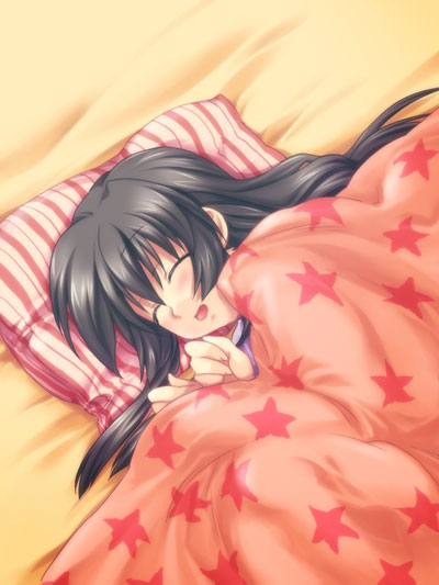satomi yoshitaka, ibuki fuuko, clannad, original, pilot suit, 00s, 1girl, :d, ^ ^, bed, bed sheet, blanket, closed eyes, female focus, from above, on bed, open mouth, pillow, sleeping, smile, solo, star (symbol), star print