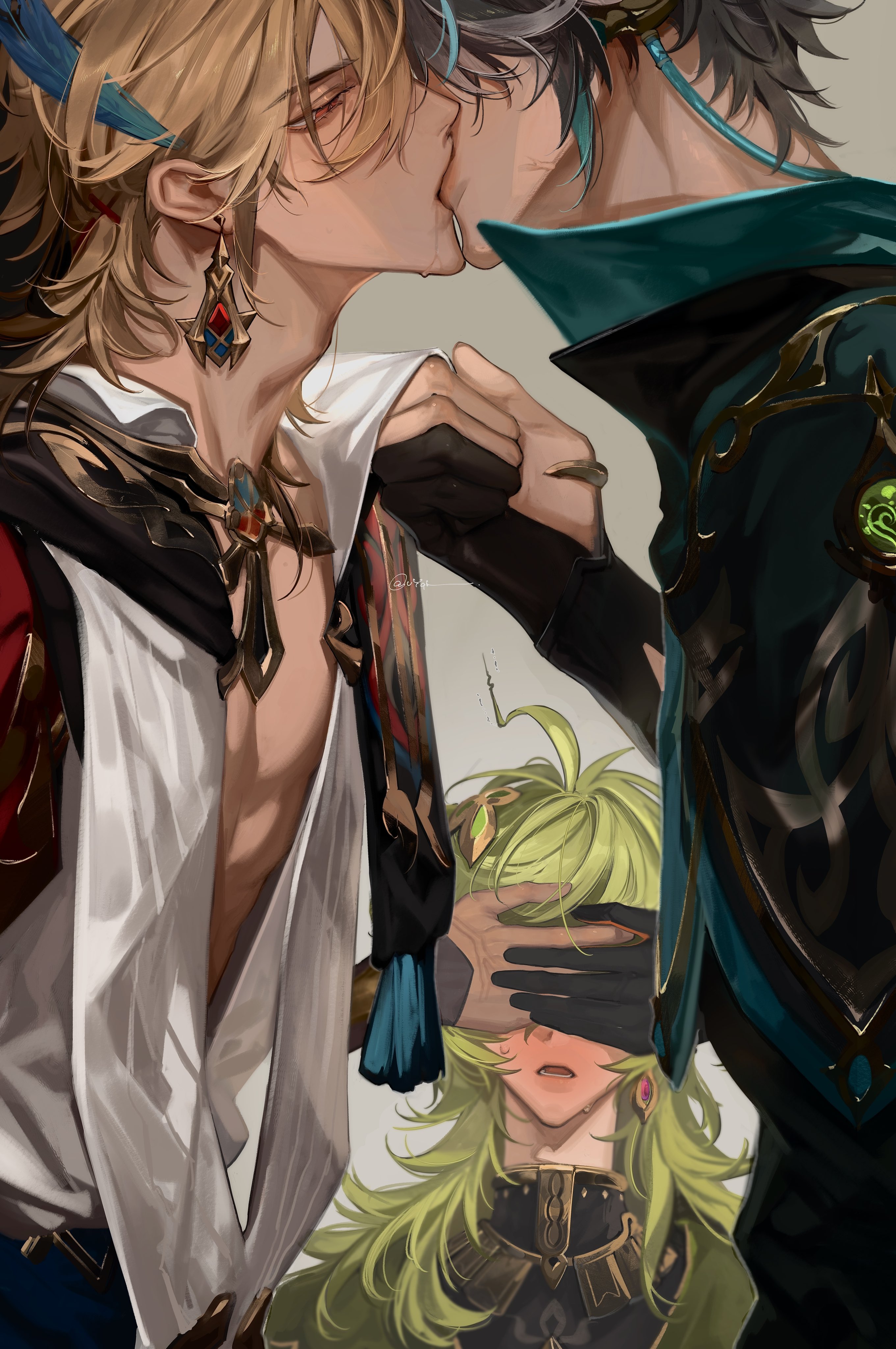 vyqi, alhaitham (genshin impact), collei (genshin impact), kaveh (genshin impact), genshin impact, absurdres, highres, 1girl, 2boys, ahoge, black gloves, black shirt, blonde hair, blue sash, blush, cape, capelet, closed eyes, clothes grab, covering own eyes, earrings, feather hair ornament, feathers, fingerless gloves, gloves, green cape, green hair, grey background, grey hair, hair between eyes, hair ornament, headphones, jewelry, kiss, long hair, long sleeves, male focus, multiple boys, open clothes, open mouth, open shirt, partially fingerless gloves, pectoral cleavage, pectorals, profile, red cape, red eyes, ring, saliva, sash, shirt, short hair, side cape, simple background, upper body, vision (genshin impact), white shirt, yaoi