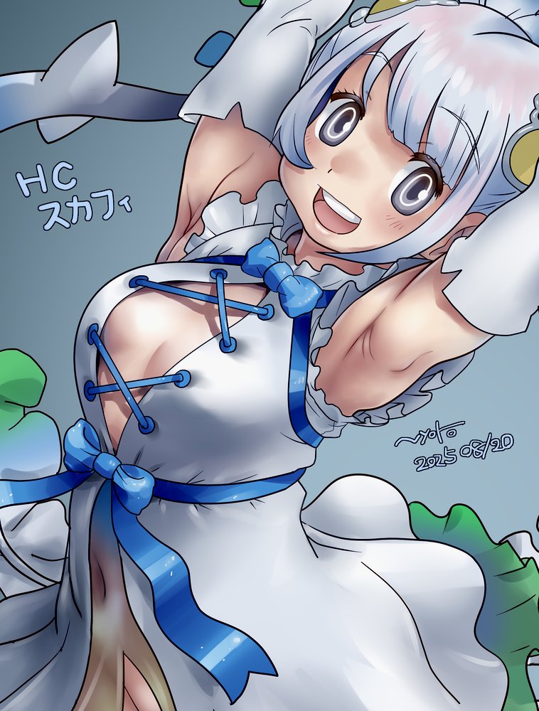 nyororiso (muyaa), skyfish (kemono friends), kemono friends, kemono friends 3, 1girl, armpits, arms up, blue ribbon, bow, bowtie, breasts, cleavage, dress, elbow gloves, gloves, grey background, grey eyes, grey hair, hair ornament, long hair, looking at viewer, ribbon, simple background, skirt, solo, white dress