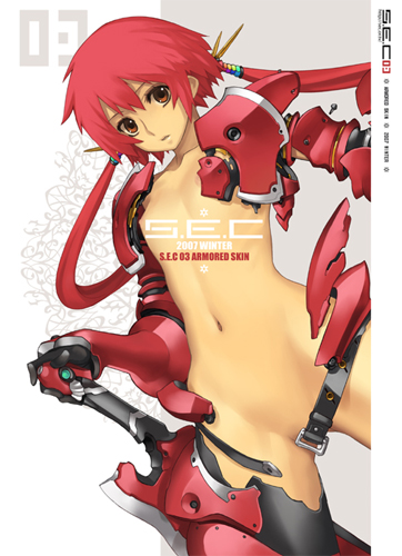 nagi ryou, s.e.c 03 armored skin, lowres, 1girl, armor, black thighhighs, bottomless, bracer, breasts, censored, convenient censoring, exoskeleton, female focus, flat chest, gloves, hair ornament, hip focus, leg armor, long hair, mecha, mecha musume, narrow waist, navel, nipples, no bra, no panties, orange eyes, red armor, red eyes, red hair, robot, small breasts, solo, sword, thighhighs, twintails, weapon
