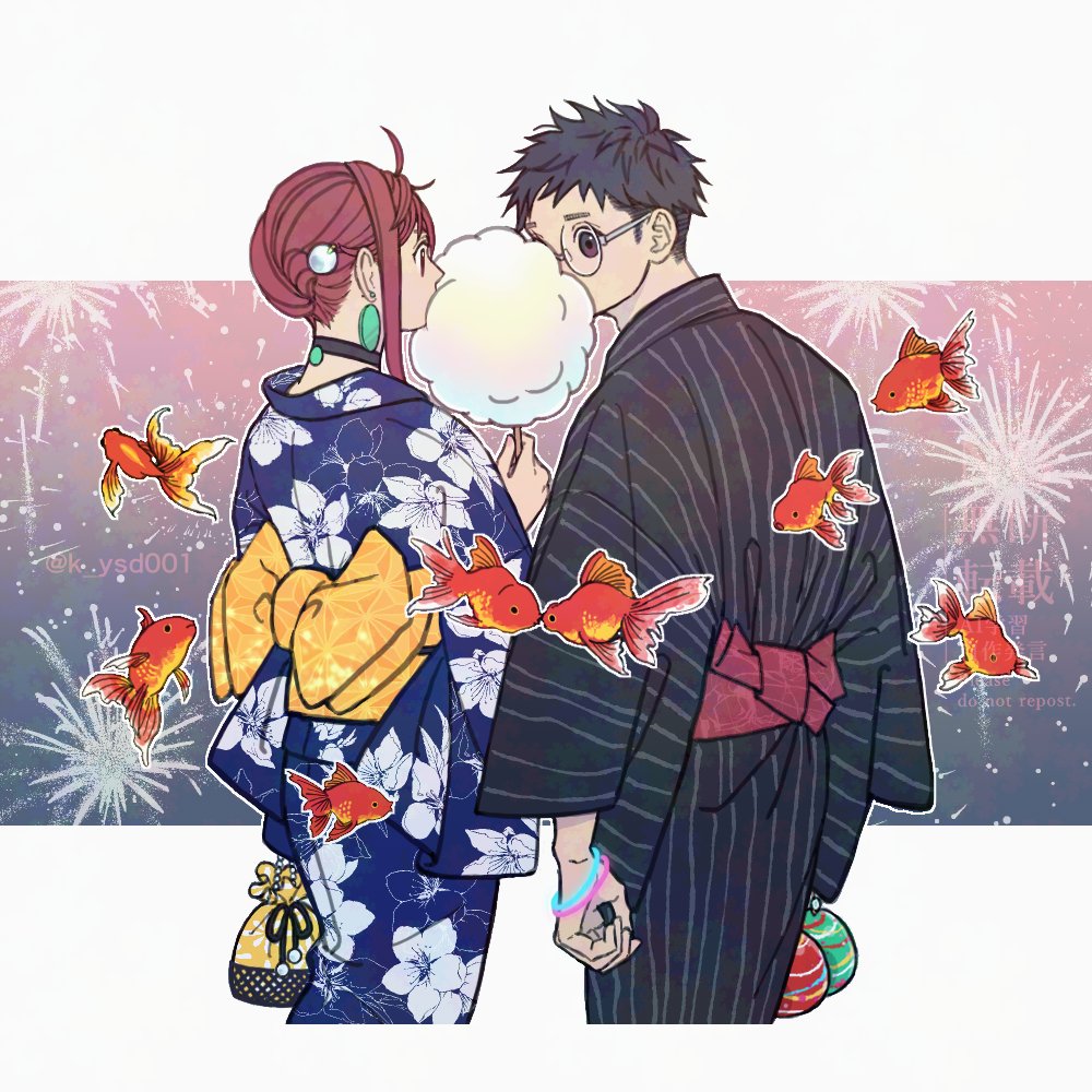 k ysd001, ayase momo, takakura ken (dandadan), dandadan, commentary, symbol-only commentary, 1boy, 1girl, alternate costume, black choker, black hair, black kimono, blue kimono, bracelet, brown eyes, brown hair, choker, cotton candy, earrings, feet out of frame, fireworks, fish, floral print, floral print kimono, food, from behind, glasses, goldfish, hair ornament, hair up, holding, holding cotton candy, holding food, japanese clothes, jewelry, kimono, looking at another, outdoors, print kimono, red sash, round eyewear, sash, shared food, short hair, single sidelock, summer festival, twitter username, yellow sash, yukata