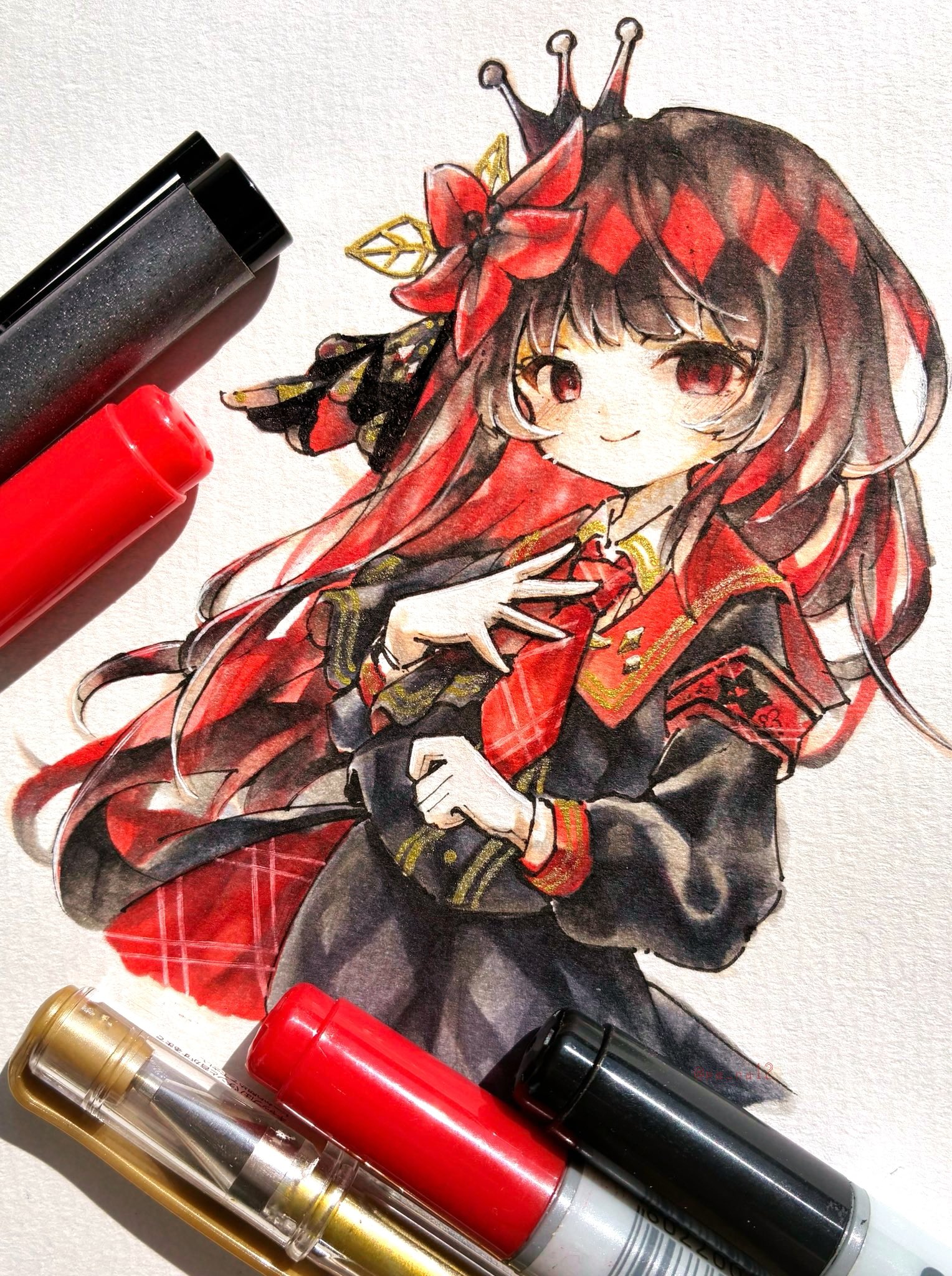 nikaidou hiro, mahou shoujo no majo saiban, commentary request, highres, marker (medium), traditional media, 1girl, armband, art tools in frame, black hair, black shirt, black skirt, closed mouth, collared shirt, crown, flower, hair flower, hair ornament, hand on own chest, long hair, long sleeves, looking at viewer, magical girl, necktie, ponto (pa na12), red armband, red eyes, red flower, red necktie, shirt, skirt, smile, solo, white background