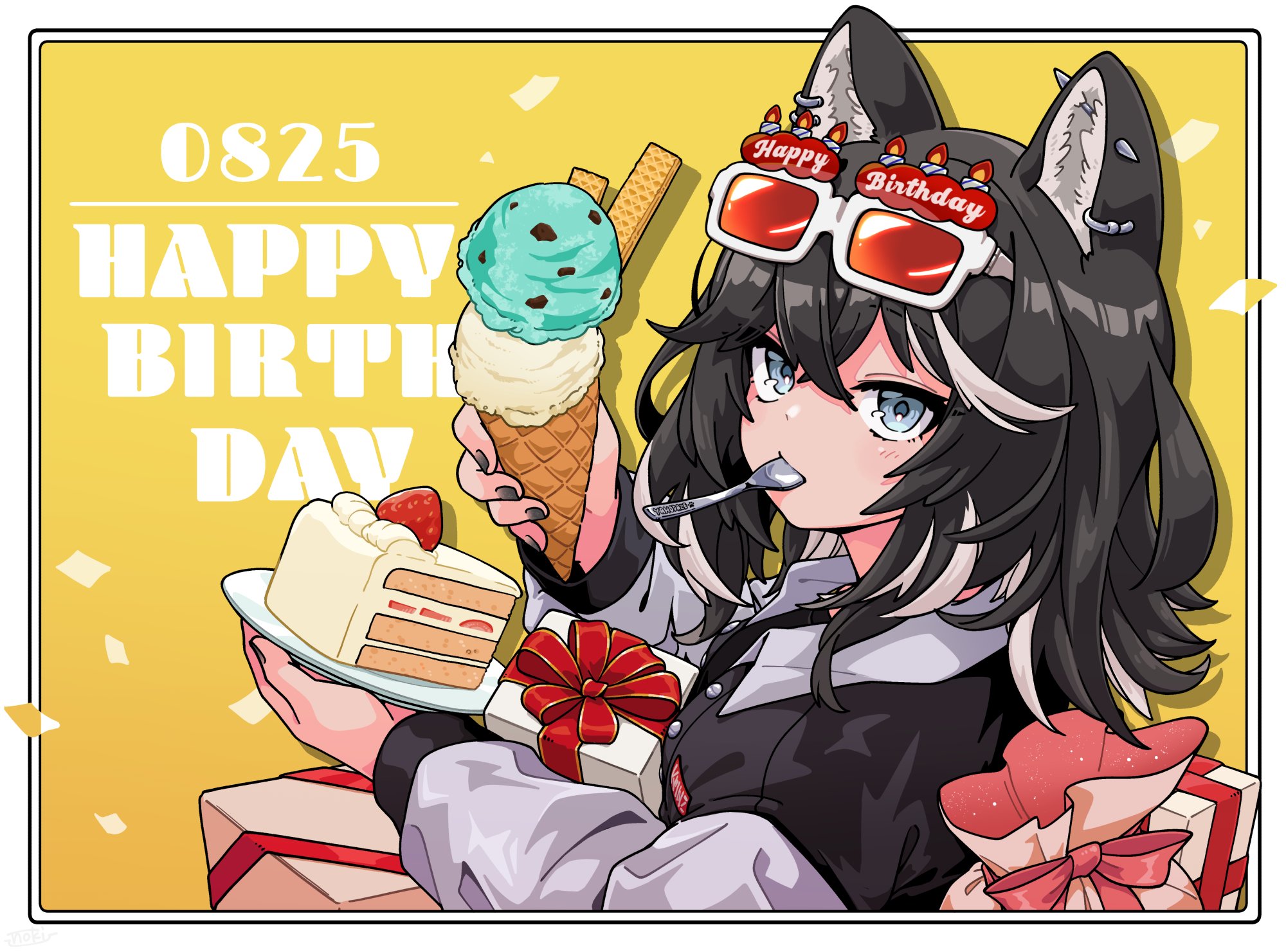 fujinoki (horonabe-ken), nero (kmnz), kmnz, commentary request, highres, 1girl, animal ear piercing, animal ears, black hair, black jacket, box, cake, cake slice, dated, dog ears, dog girl, food, from side, gift, gift box, grey eyes, grey jacket, happy birthday, holding, holding food, holding ice cream, holding ice cream cone, holding plate, holding spoon, ice cream, ice cream cone, jacket, medium hair, mouth hold, multicolored hair, multicolored jacket, multiple scoops, open clothes, open jacket, plate, rectangular eyewear, red-tinted eyewear, solo, spoon, strawberry cake, streaked hair, sunglasses, tinted eyewear, two-tone jacket, virtual youtuber, white-framed eyewear, white hair, yellow background