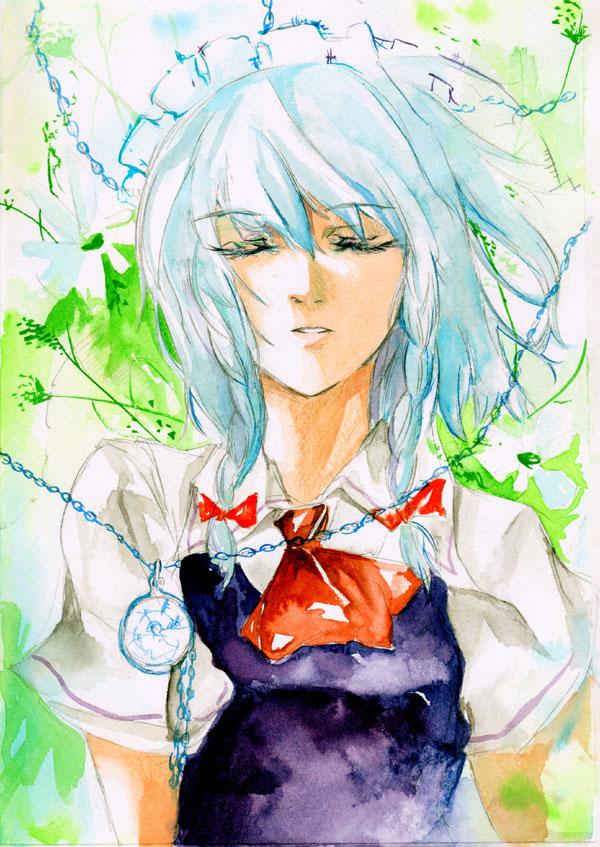 tomasu, tsurukame, izayoi sakuya, touhou, silver hair, 1girl, braid, female focus, short hair, solo, twin braids