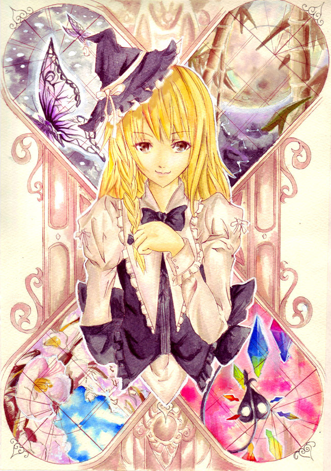 tomasu, tsurukame, kirisame marisa, touhou, eyebrows, traditional media, 1girl, alternate color, bamboo, blonde hair, blue sky, bow, braid, bug, butterfly, closed mouth, constellation, crystal, door, female focus, flower, frills, hair bow, hat, hat bow, hat ribbon, heart, insect, juliet sleeves, laevatein, long hair, long sleeves, looking at viewer, moon, night, night sky, puffy sleeves, purple bow, purple eyes, purple hat, ribbon, single braid, sky, smile, snowing, solo, upper body, white bow, white ribbon, wings, witch hat