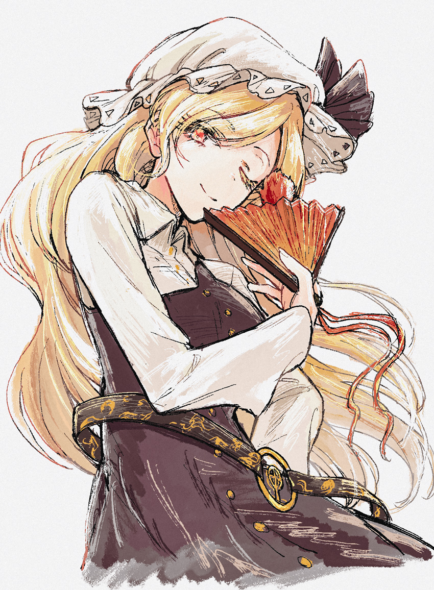 hisona (suaritesumi), watatsuki no toyohime, touhou, commentary request, 1girl, ;), blonde hair, brown dress, closed mouth, collared dress, cropped legs, dress, grey background, hand fan, hat, holding, holding fan, long hair, long sleeves, looking at viewer, mob cap, one eye closed, orange eyes, simple background, smile, solo, white dress, white hat