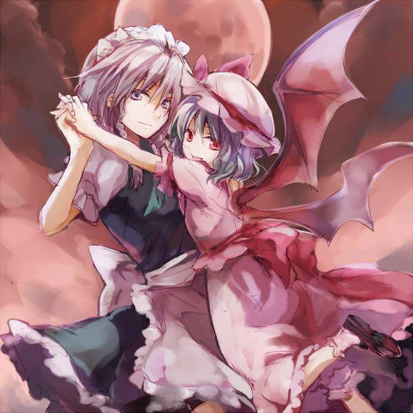 cloe (rrmlauqoie6), izayoi sakuya, remilia scarlet, touhou, silver hair, 2girls, bat wings, braid, cloud, dress, female focus, full moon, hat, holding hands, interlocked fingers, looking at viewer, maid, maid headdress, mob cap, moon, multiple girls, night, open mouth, red eyes, red moon, red sky, short hair, sky, smile, twin braids, vampire, wings