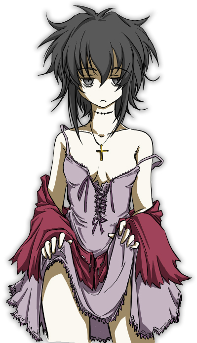 hanafusa itsuki, frederica sawyer, black lagoon, 00s, 1girl, black hair, breasts, cleavage, clothes lift, collarbone, cross, cross necklace, empty eyes, female focus, grey eyes, jewelry, necklace, scar, scar on neck, short hair, simple background, skirt, skirt lift, small breasts, solo, strap slip, white background