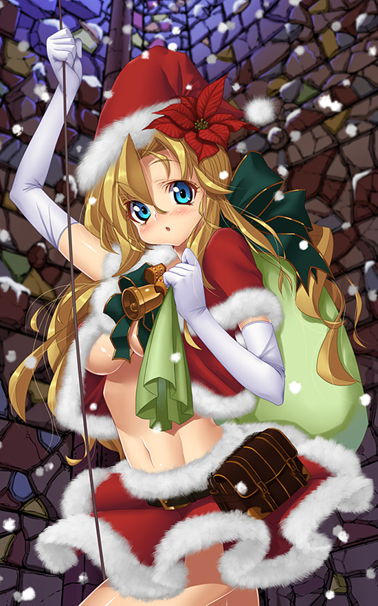 kink (tortoiseshell), 1girl, bell, blonde hair, blue eyes, blush, breasts, christmas, elbow gloves, female focus, gloves, hat, holly, long hair, looking at viewer, midriff, navel, sack, santa costume, santa hat, skirt, snowing, solo, underboob, white gloves
