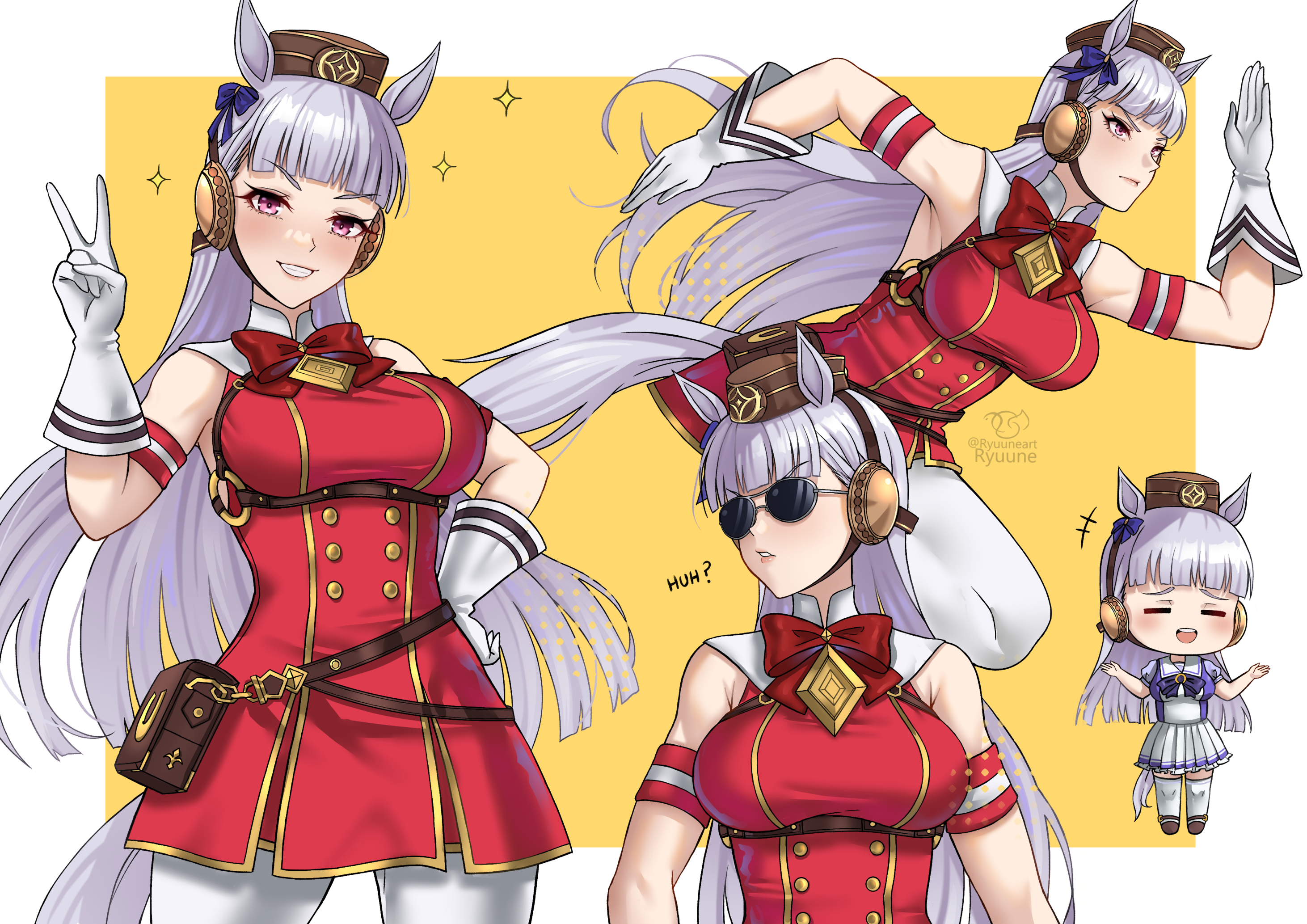 ryuuneart, gold ship (umamusume), umamusume, highres, 1girl, animal ears, blunt bangs, blush, breasts, brown hat, chibi, dress, gloves, grey hair, grin, hat, horse ears, horse girl, horse tail, large breasts, long hair, looking at viewer, multiple views, open mouth, pantyhose, pillbox hat, purple eyes, red dress, sleeveless, sleeveless dress, smile, sparkle, sunglasses, tail, white gloves, white pantyhose