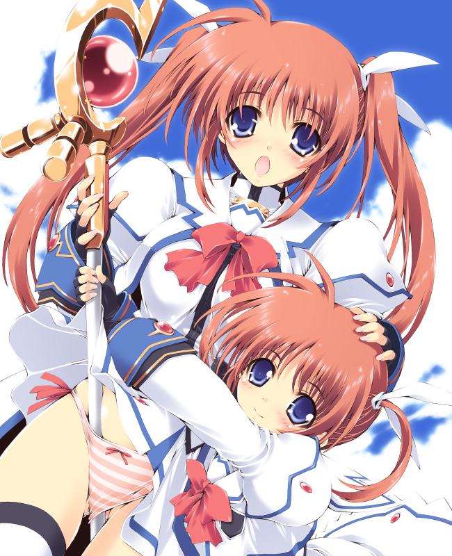 mitsuki mantarou, raising heart, raising heart (accel mode), takamachi nanoha, takamachi nanoha (aggressor mode), takamachi nanoha (sacred mode), lyrical nanoha, mahou shoujo lyrical nanoha, mahou shoujo lyrical nanoha strikers, 00s, 2girls, dual persona, multiple girls, panties, striped clothes, striped panties, thighhighs, time paradox, underwear