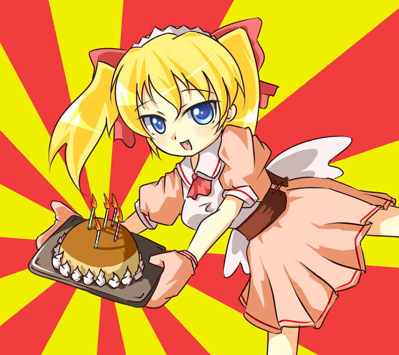 yoruie satsuki, daikuuji ayu, kimi ga nozomu eien, 00s, 1girl, blonde hair, cake, fang, female focus, food, oven mitts, pastry, solo
