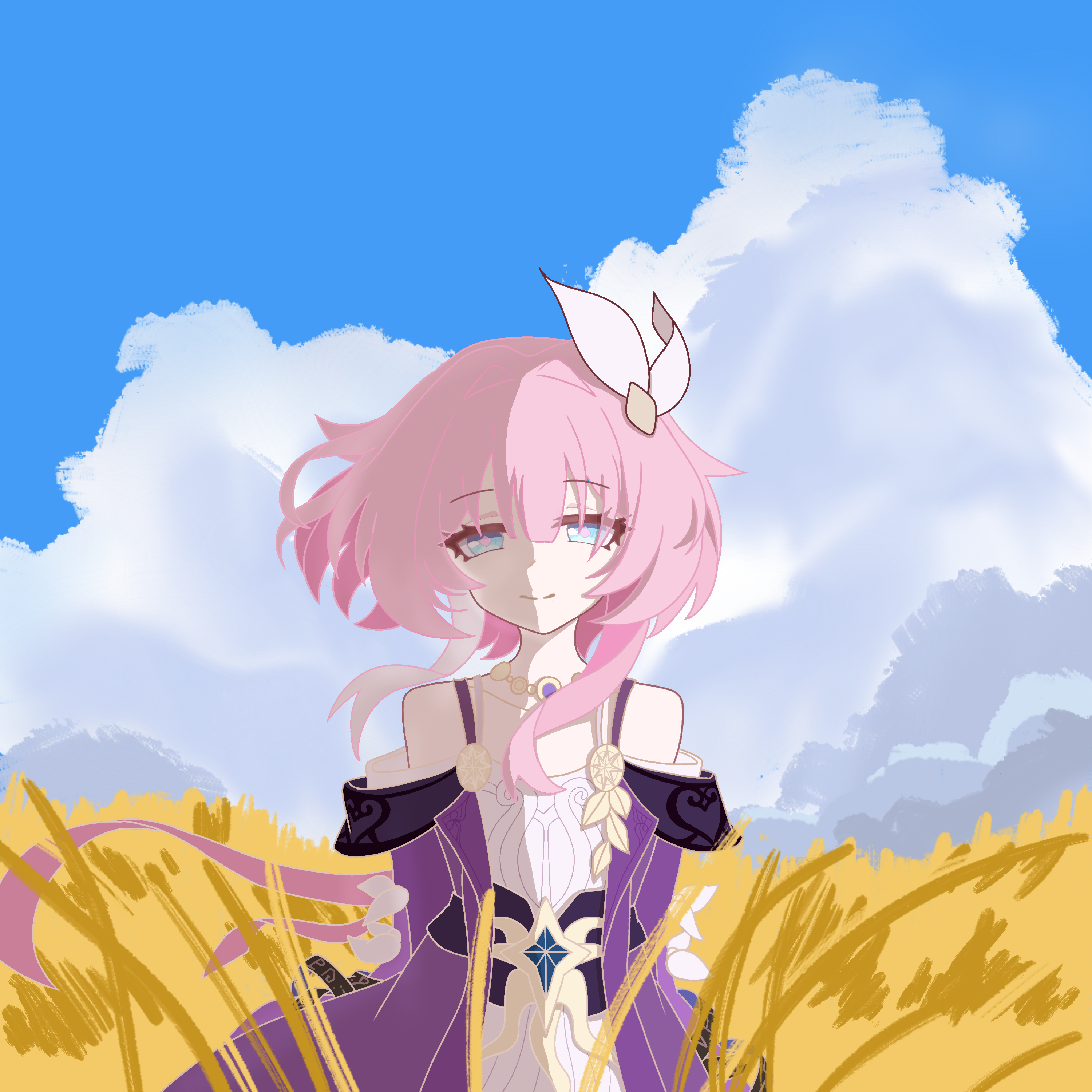 cyrene (honkai: star rail), honkai: star rail, honkai (series), absurdres, chinese commentary, commentary request, highres, 1girl, bare shoulders, blue eyes, blue sky, breasts, cloud, coat, dress, hair ornament, jewelry, looking at viewer, multicolored hair, necklace, outdoors, pink hair, purple coat, short hair, sky, small breasts, smile, solo, two-tone hair, wheat, wheat field, white dress, white hair, wumingshi89408