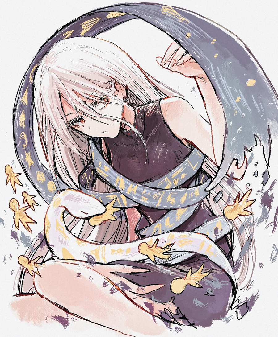 hisona (suaritesumi), yuiman asama, touhou, commentary request, 1girl, animal, arm up, bare shoulders, closed mouth, dress, expressionless, grey background, hair behind ear, hair between eyes, long bangs, long hair, orange eyes, purple dress, simple background, sleeveless, sleeveless dress, snake, solo, white hair, white snake
