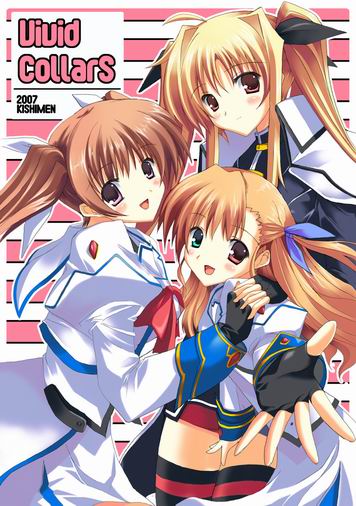 karamiti, fate testarossa, takamachi nanoha, vivio, lyrical nanoha, mahou shoujo lyrical nanoha, mahou shoujo lyrical nanoha strikers, 00s, 2007, 3girls, blonde hair, cape, coat, fingerless gloves, gloves, heterochromia, magical girl, multiple girls, outstretched hand, purple eyes, red eyes, thighhighs, twintails, waist cape
