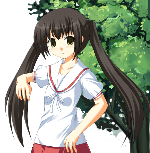odaya, odayan, minami kana, minami-ke, 00s, 1girl, brown eyes, brown hair, female focus, long hair, school uniform, skirt, solo, tree, twintails