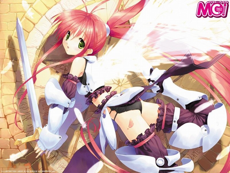 ueda ryou, magi-cu, game cg, jpeg artifacts, 1girl, armor, ass, female focus, green eyes, long hair, red hair, solo, sword, thighhighs, weapon, wings