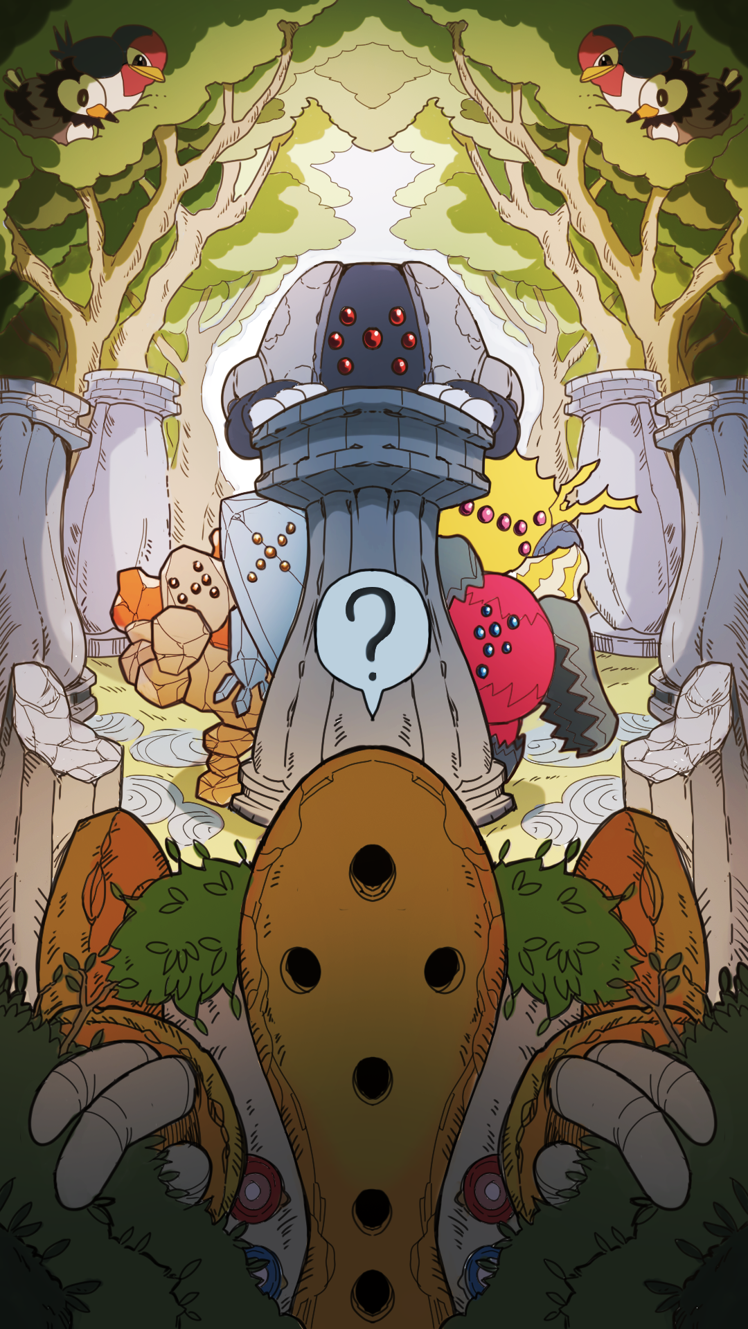 miyagawa (maxggguys), regice, regidrago, regieleki, regigigas, regirock, registeel, starly, taillow, nintendo, pokemon, commentary request, highres, ?, column, gen 3 pokemon, gen 4 pokemon, gen 8 pokemon, hiding, leaf, legendary pokemon, outdoors, peeking out, pillar, pokemon (creature), pokemon focus, ruins, spoken question mark, tree