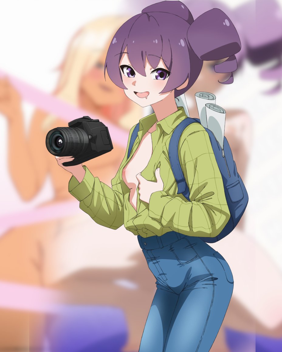 otachanshow, otachan, the otachan show, commentary, english commentary, 1girl, areola slip, backpack, bag, blurry, blurry background, blush, breasts, camera, denim, green shirt, holding, holding camera, jeans, long sleeves, looking at viewer, pants, partially unbuttoned, plaid clothes, plaid shirt, purple eyes, purple hair, shirt, small breasts, smile, solo, twintails