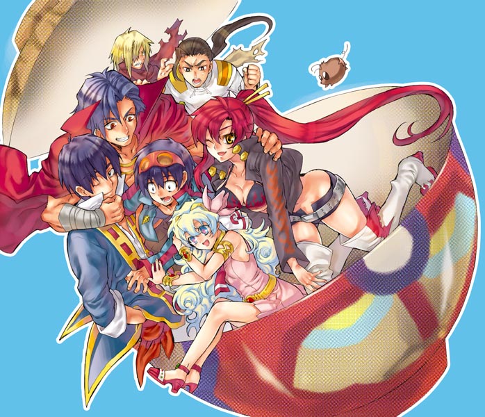 tenkuu sphere, boota (ttgl), kamina (ttgl), nia teppelin, rossiu adai, simon (ttgl), viral (ttgl), yoko littner, tengen toppa gurren lagann, 00s, 2girls, 5boys, belt, bikini, bikini top only, black hair, blonde hair, blue background, blue hair, bowl, breasts, buckle, cleavage, collarbone, curly hair, dress, dual persona, full body, goggles, goggles on head, high heels, hug, large breasts, long hair, long sleeves, machinery, mecha, multicolored hair, multiple boys, multiple girls, pink dress, ponytail, red hair, robot, sharp teeth, shorts, simple background, sunglasses, surprised, swimsuit, teeth, time paradox, two-tone hair, very long hair, wide-eyed