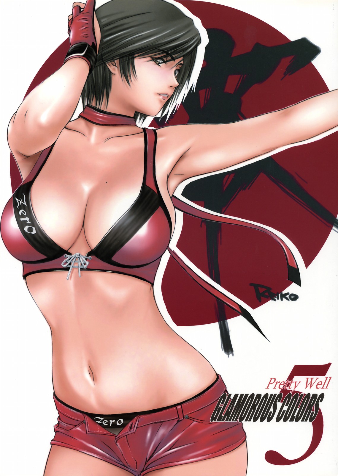 momoi nanabei, hinomoto reiko, rumble roses, artbook, highres, scan, 1girl, armpits, black hair, black panties, breasts, character name, cleavage, clothes writing, female focus, hand on own head, large breasts, mole, mole on breast, navel, outline, panties, short hair, short shorts, shorts, solo, toned, toned female, underwear, white background, white outline, wrestler