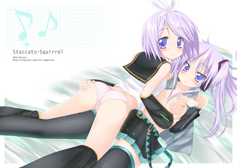 staccato squirrel, hatsune miku, hiiragi kagami, hiiragi tsukasa, kagamine rin, lucky star, vocaloid, 2girls, ass, black thighhighs, blush, bow, breasts, collarbone, cosplay, grabbing another's ass, groping, hair bow, hatsune miku (cosplay), incest, kagamine rin (cosplay), long hair, multiple girls, nipples, open clothes, open shirt, panties, pleated skirt, purple eyes, purple hair, shirt, short hair, siblings, sisters, skirt, small breasts, striped clothes, striped panties, tareme, thighhighs, topless female, tsurime, twincest, twins, twintails, underwear, yuri, zettai ryouiki